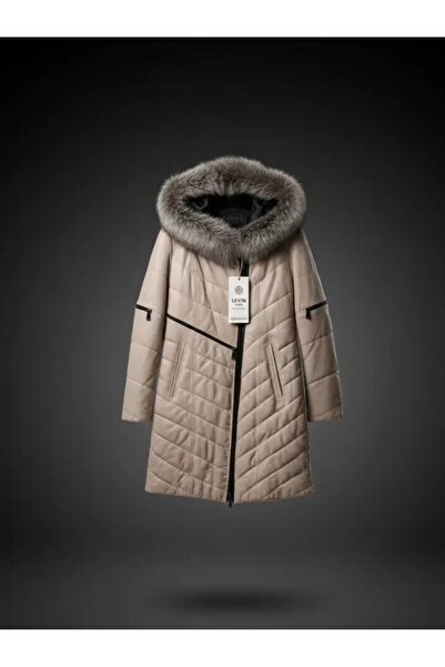 Levin Peak Nordea Doğal Kürk Kapüşonlu Kadın Deri Mont – Gri Bej