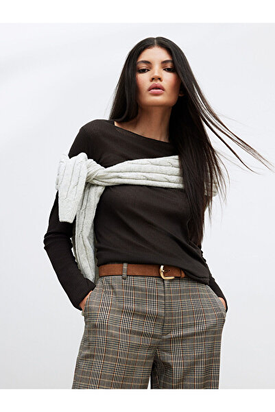 LC Waikiki Brown Corded Fabric Boat Neck Long Sleeve Women's T-Shirt