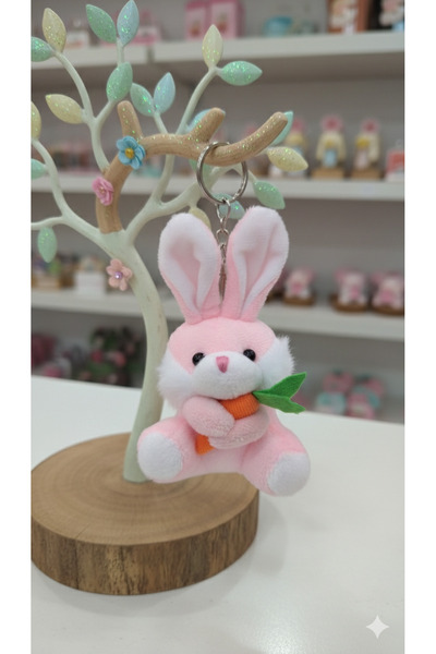 Şirin Sevimli Havuç Tutan Peluş Tavşan Anahtarlık - Çanta Aksesuarı Hediyelik