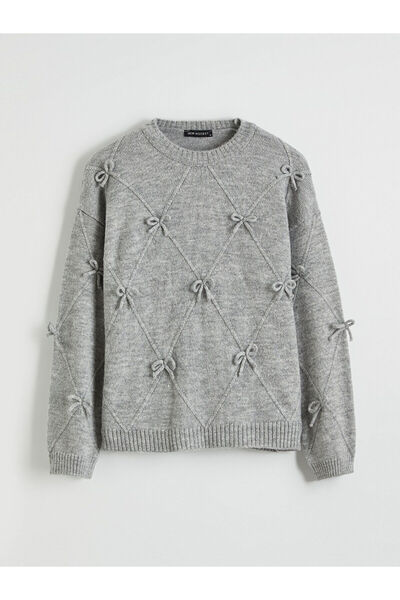 LC Waikiki Gri Bisiklet Yaka Fiyonklu Kadın Triko Kazak