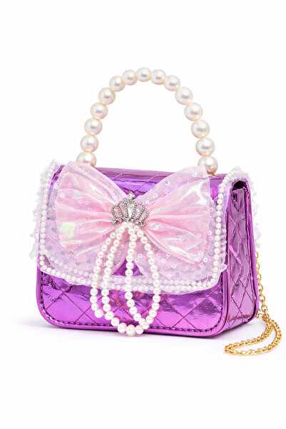 Selvira Kız Çocuk İnci Askılı Prenses Çanta – Taç Detaylı, Fiyonklu, Parlak M...