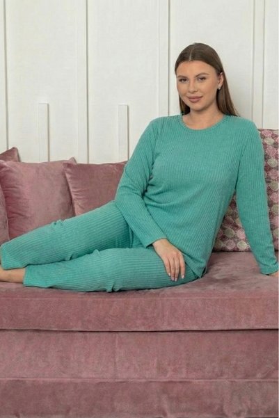 Farya Home Kalın Kışlık İnterlok Şeritli Uzun Kollu Örme Pijama Takımı