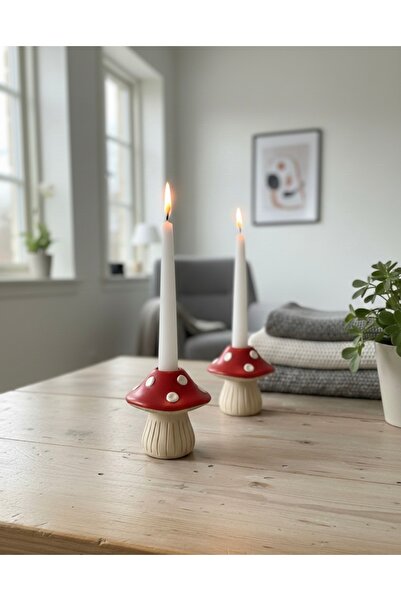 Handmade 2’li Kırmızı Mantar Tasarımlı Şık Şamdan & Mumluk - Modern Ev Aksesu...
