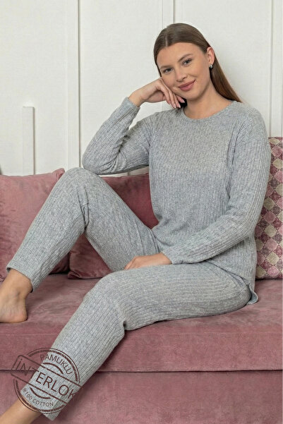 Farya Home Cotton Thick Winter Interlock Striped Long Sleeve Knitted Pajama Set
