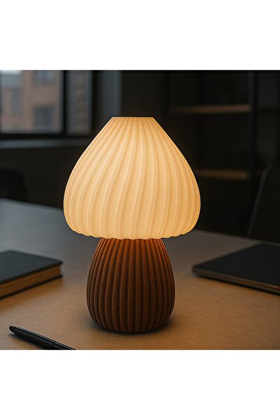 METU SHOP Dekoratif Masa Lambası Abajur Tasarım Beyaz Başlık ve Kahverengi Gövde