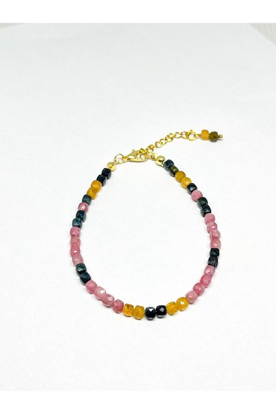 Agatella Tasarım Black Pink Yellow Tourmaline Stone Bracelet – Unisex with Handmade Steel Apparatus