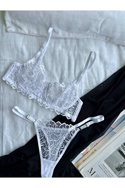 Fanwet Women's Tulle Leaf Pattern Bralette Bra Thong Underwear Set