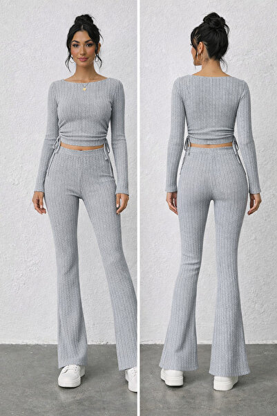 Wildco Corded Fabric Knitwear Asymmetric Blouse and Flared Pants Set, Knitwea...