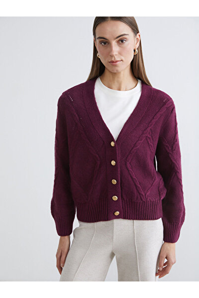 LC Waikiki Burgundy V-Neck Self-Patterned Women's Knitwear Cardigan