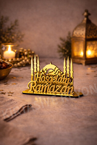 zubi Welcome Ramadan Themed Gold Plexiglass Napkin Holder on Wood (Unassembled)