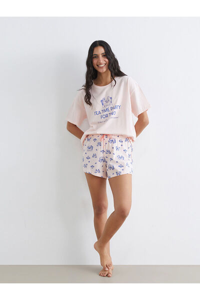 LC Waikiki Σετ πιτζάμες LCW DREAM Pink Crew με εμπριμέ γυναικείο σορτς