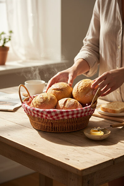 zezedesing Wicker Look Plastic Bread Basket – with Handles, Cloth, Round 24 c...