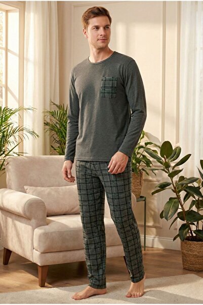 RAGİDE Men's Combed Cotton Green Plaid Long Pajama Set
