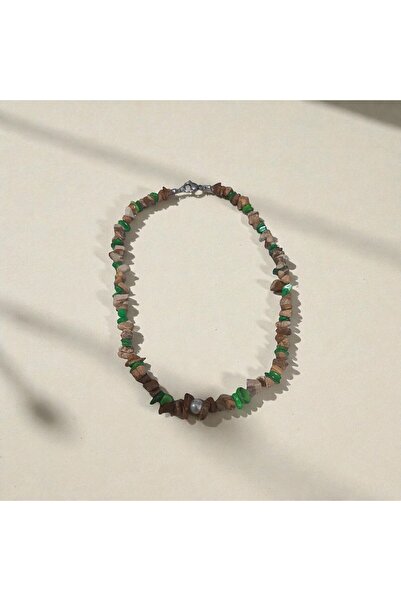 Butik Brown Green Stone Single Pearl Capasity Steel Women's Necklace.Valentin...