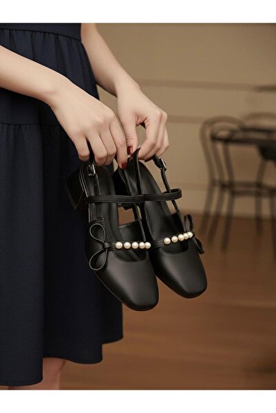 KILIÇ İncili fiyonklu kısa topuklu ayakkabı 5 cm