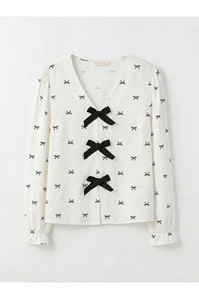 LC Waikiki Lcw Dream Ecru V-Neck Bow Patterned Women's Pajama Set