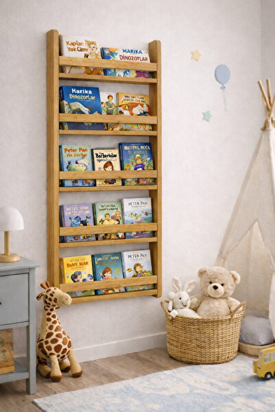 Holly Touch Montessori Çocuk Kitaplığı – Doğal Masif Ahşap Duvar Rafı 150*75*10
