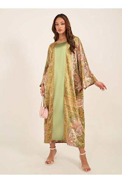 Generic Satin Kaftan with Print, Round Neck and Batwing Sleeves
