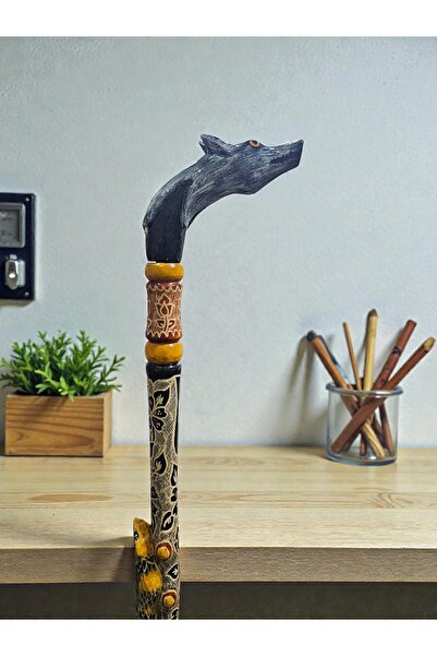 AHŞAPCİTY Kurt Başlı Yılan Kabartmalı Özel Devrek Bastonu (Kızılcık Ağacı)