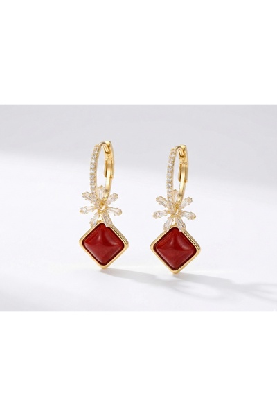Snartun Burgundy Dangle Gold Women's Earrings with Sparkling Flower Detail | ...