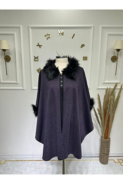 ModaMinar Yakası ve Kolları Kürk Detaylı Düz Renk Kadın Panço