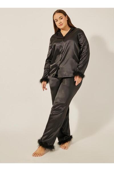 Stylish Pajama Set with Button Shirt and Feather Decoration