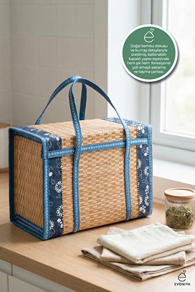 EVONİTA Katlanabilir Kapaklı Bambu Hasır Çok Amaçlı Saklama ve Taşıma Çantası...