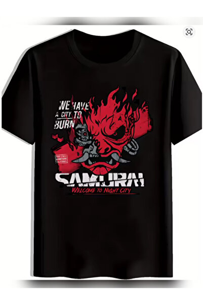 TİMİSİVA Unisex Oversized Samurai Printed Crew Neck Short Sleeve Black T-Shirt