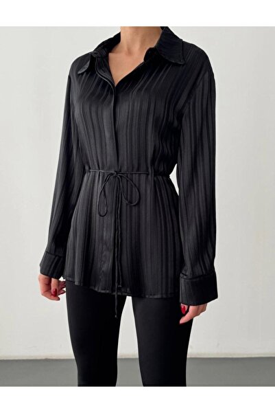 ESSELİNA.CO Şık Siyah Düğmeli Bağcık Detaylı Saten Gömlek