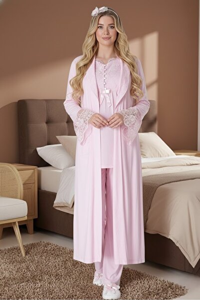 Lohussa Set de pijamale pentru femei, roz, cu guler șal, cu detaliu de nastur...