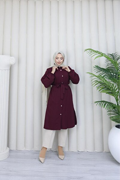 fearlessmoda Müslin Kemerli Uzun tunik- Bordo