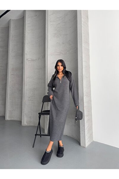 MODA Kadın Fermuarlı Fitil Detaylı Triko Elbise