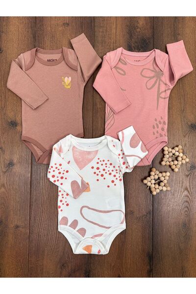 Babexi Kız Bebek Pamuklu Yeni Doğan Organik 3lü Zıbın Badi Çıtçıtlı Set