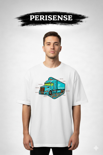 PERISENSE Unisex Truck Blueprint Printed Premium Combed Cotton Oversized T-Shirt
