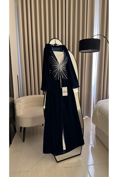 Nareen Fashion Elegant jalabiya in deep navy blue, hand-embroidered