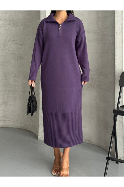 MODA Kadın Fermuarlı Fitil Detaylı Triko Elbise