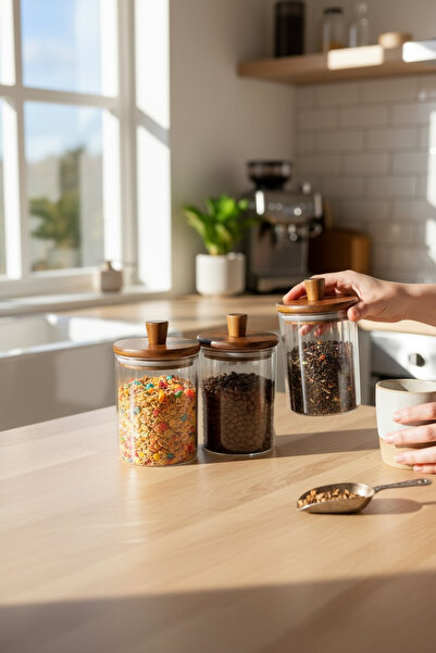 zezedesing 3-Piece Acacia Lid Glass Jar Set 330 ml |   Spice Jar – Coffee – S...