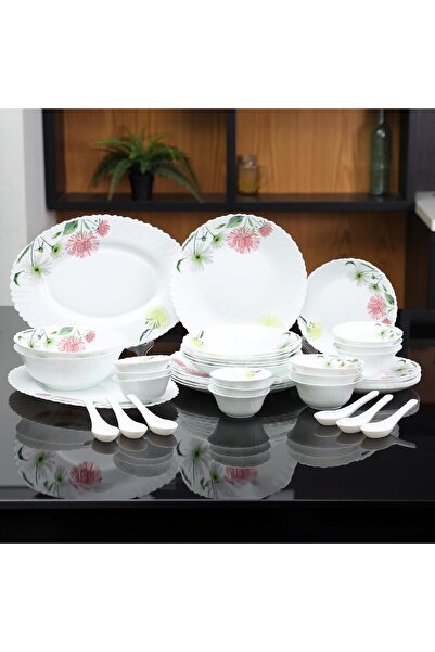 DELCASA DC3383 Opalware Dinner 40-Pieces Set, White/Pink