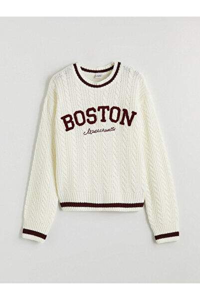 LC Waikiki Özmarka Pulover tricotat pentru fete, cu guler rotund și broderie,...