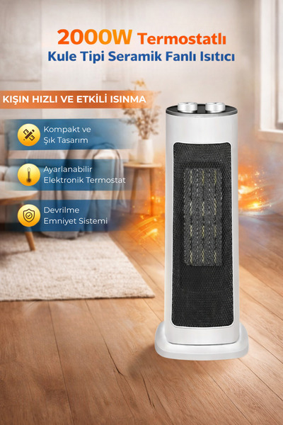 homenter 2000W Termostatlı Kule Tipi Seramik Fanlı Isıtıcı | 2 Isı Ayarlı | H...