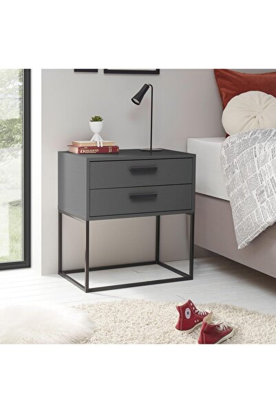 Generic Modern nightstand with two drawers, dark design and metal base