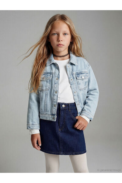 LC Waikiki Meral Collection Blue Shirt Collar Girls' Jean Jacket