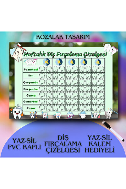 Kozalak Tasarım Tooth Brushing Chart Write-Erase Table Pvc Coated Durable Wri...