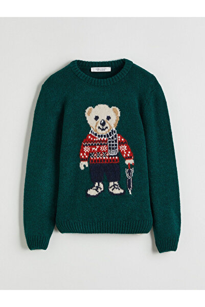 LC Waikiki Peak New Season Crew Neck Bear Teddy Patterned Boys' Knitwear Sweater