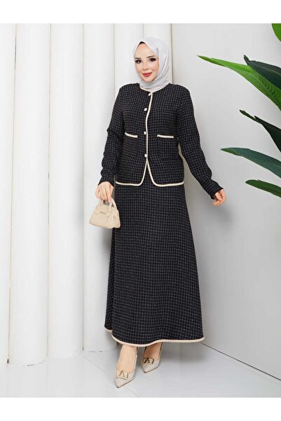 NURSİDA Women's Tweed Buttoned Jacket Skirt Two-Piece Set