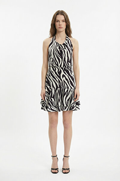 Quzu Zebra Pattern Halter Neck Mini Dress Brown