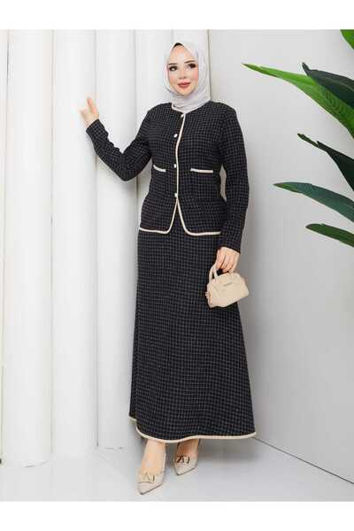 NURSİDA Women's Tweed Buttoned Jacket Skirt Two-Piece Set