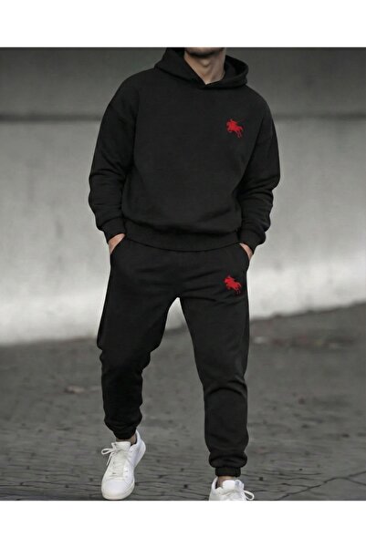 LELVANİ Erkek özel kırmızı(RED) - AT(HORSE)simgeli kapşonlu Sweat eşofman takım