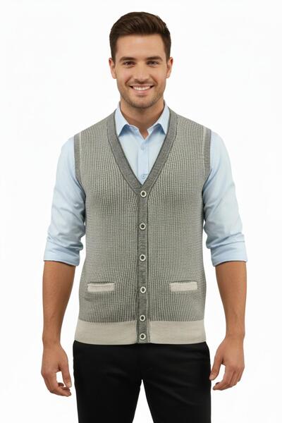 Çizgi Triko Ανδρικό γιλέκο με κουμπιά με τσέπες από ατσάλι πλεκτό κλασικό καλ...