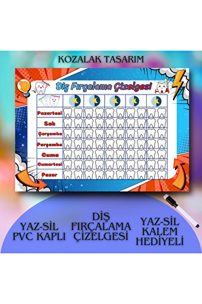 Kozalak Tasarım Tooth Brushing Chart Write-Erase Table Pvc Coated Durable Wri...
